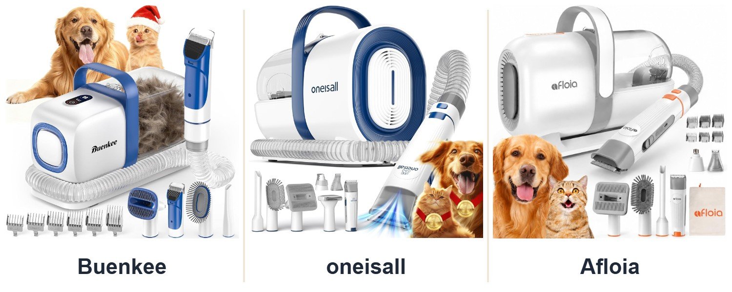 Dog grooming vacuum reviews: Buenkee, oneisall and Afloia grooming vacuum kits side by side, from their listings