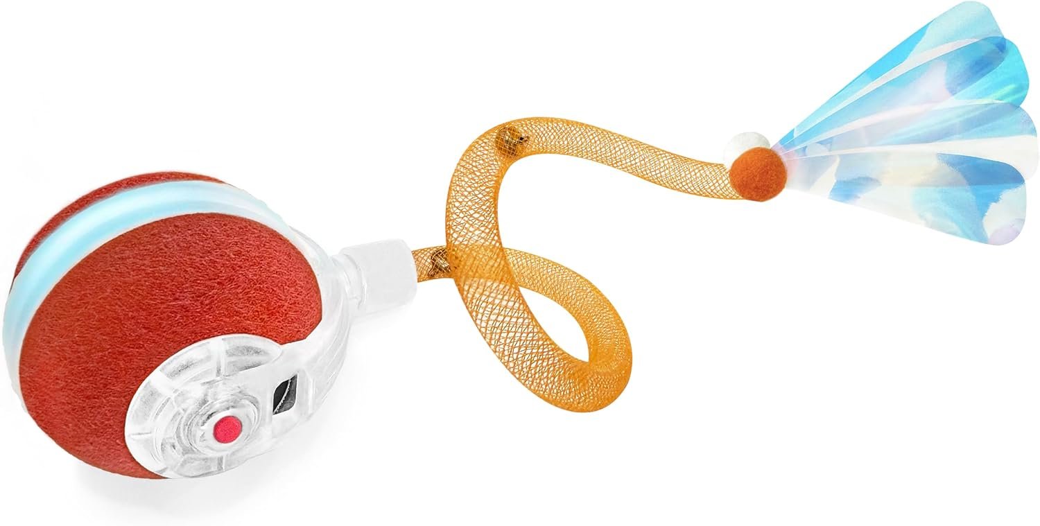 Jkanti interactive cat toy review: the ball with its elastic mesh tail and shiny tassel, from the listing