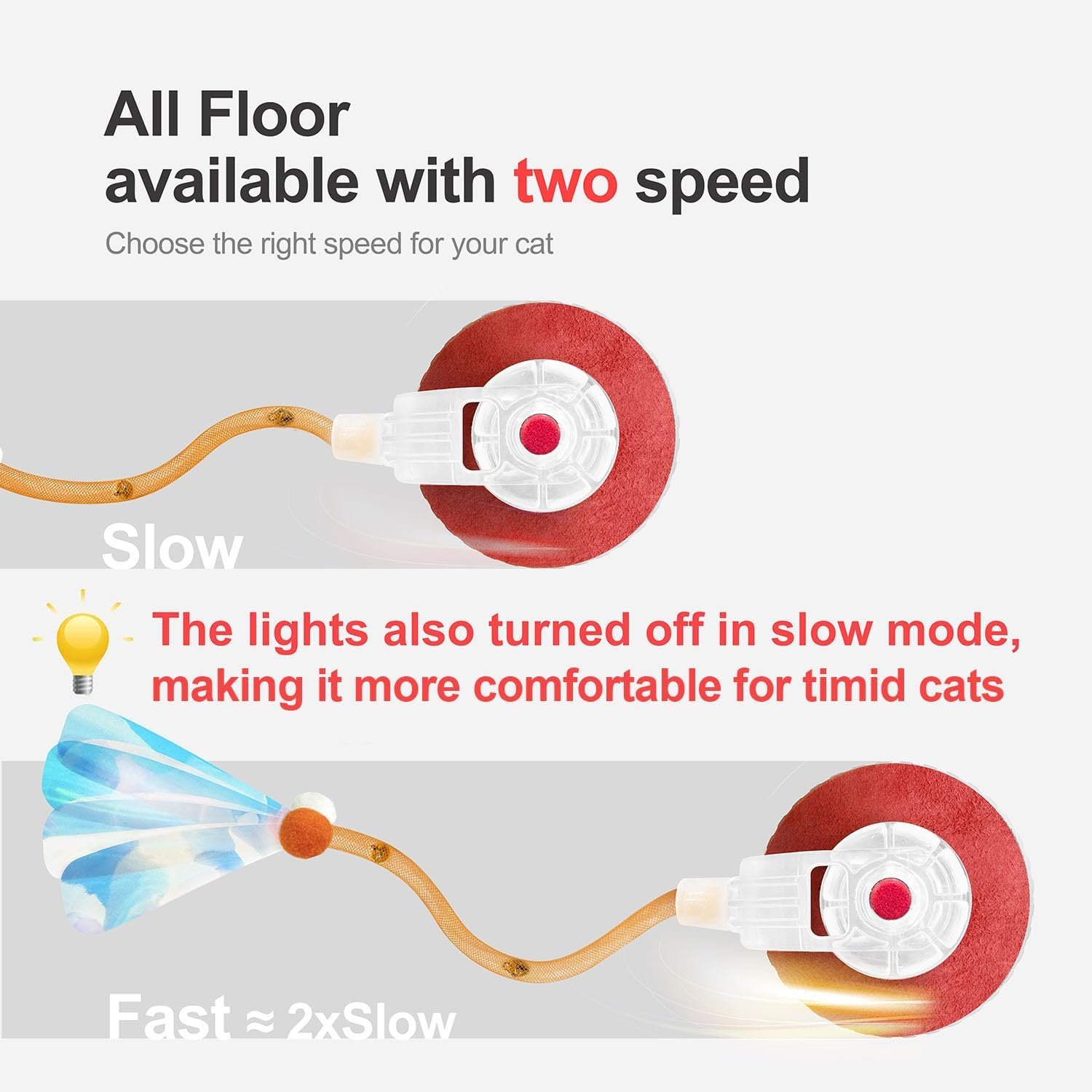 Best interactive cat ball for timid cats: Jkanti listing image comparing slow mode, with its light off, and fast mode