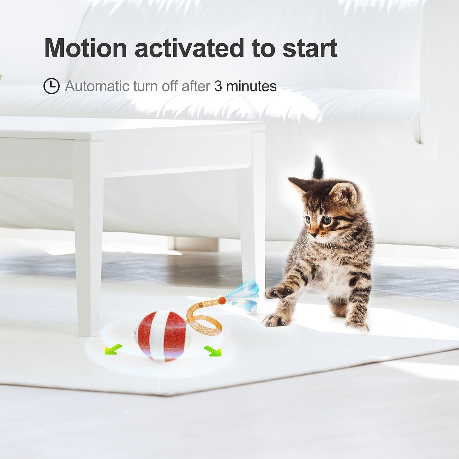 Jkanti interactive cat toy review: listing image of a kitten approaching the ball, which turns off automatically after three minutes