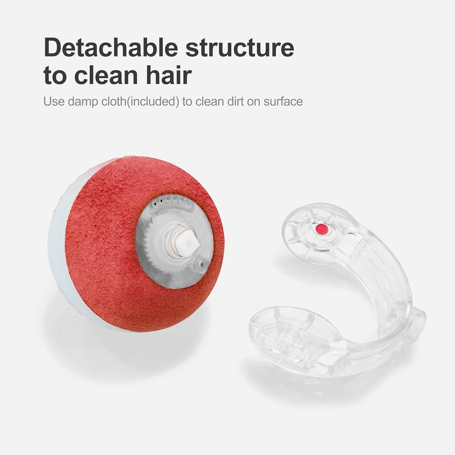 Interactive cat ball reviews: Jkanti listing image of the ball with its clear shell removed for cleaning out hair