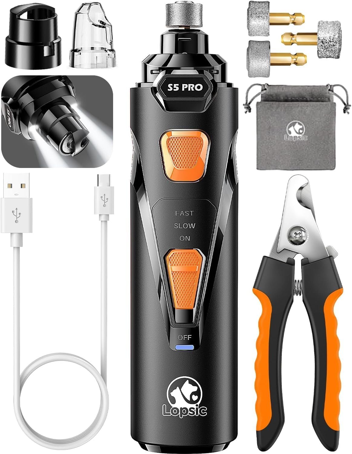 LOPSIC dog nail grinder review: the black and orange S5 Pro grinder with its caps, spare bits, clippers, cable and bag, from the listing