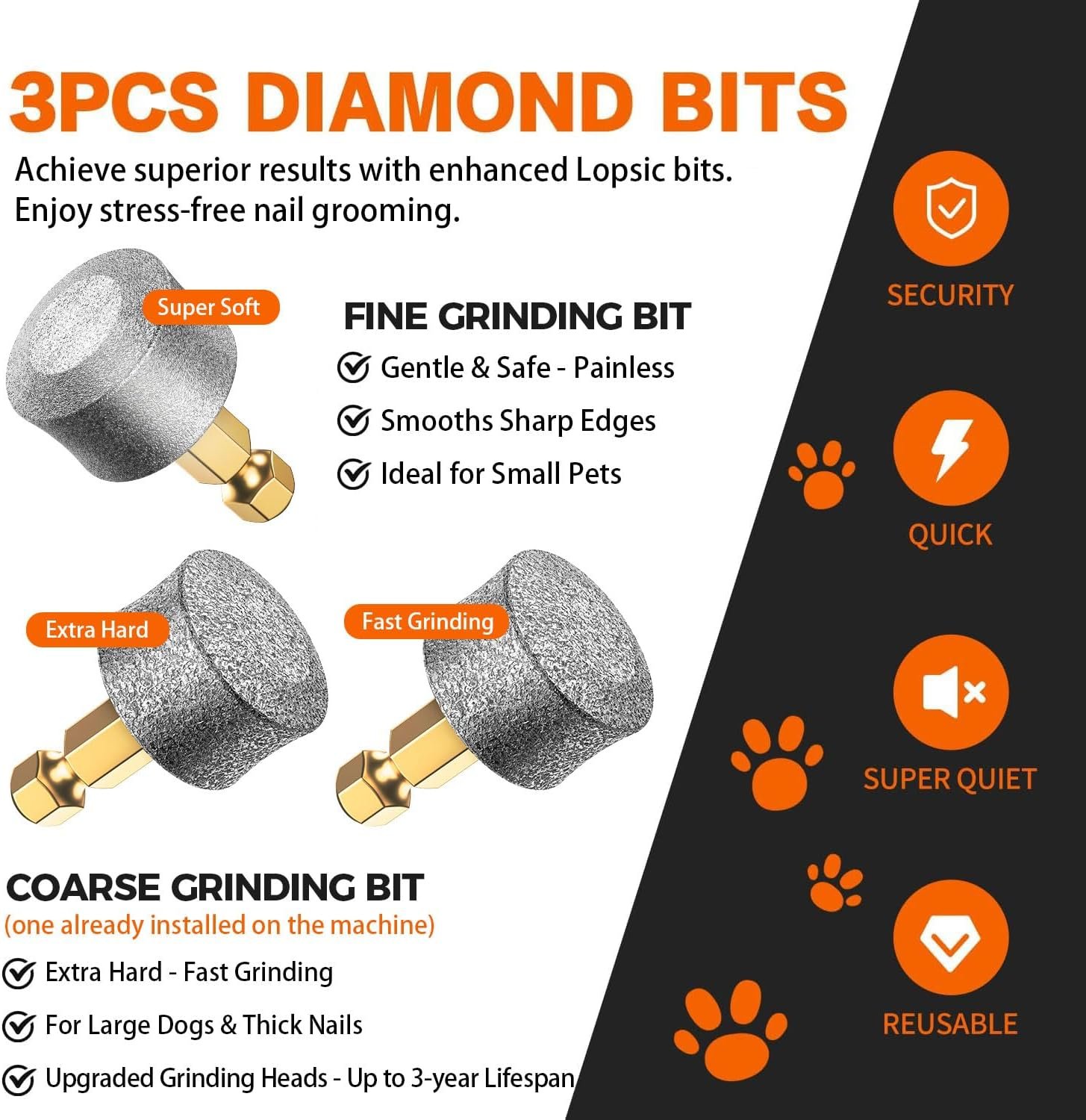 Dog nail grinder reviews: LOPSIC listing image of its three diamond bits, fine for small pets and coarse for large dogs