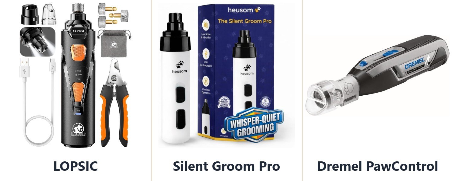 Dog nail grinder reviews: the LOPSIC, Silent Groom Pro and Dremel PawControl grinders side by side, from their listings