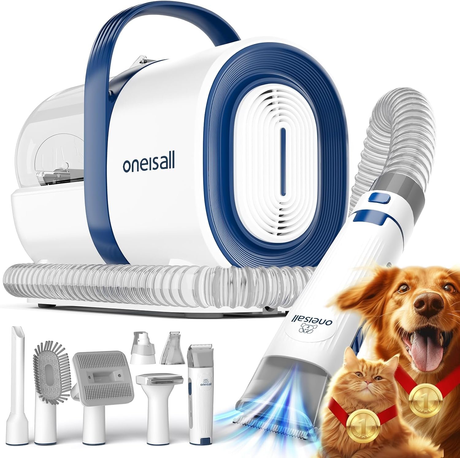 Oneisall dog grooming vacuum review: listing image of the LM2 vacuum, hose and seven grooming tools