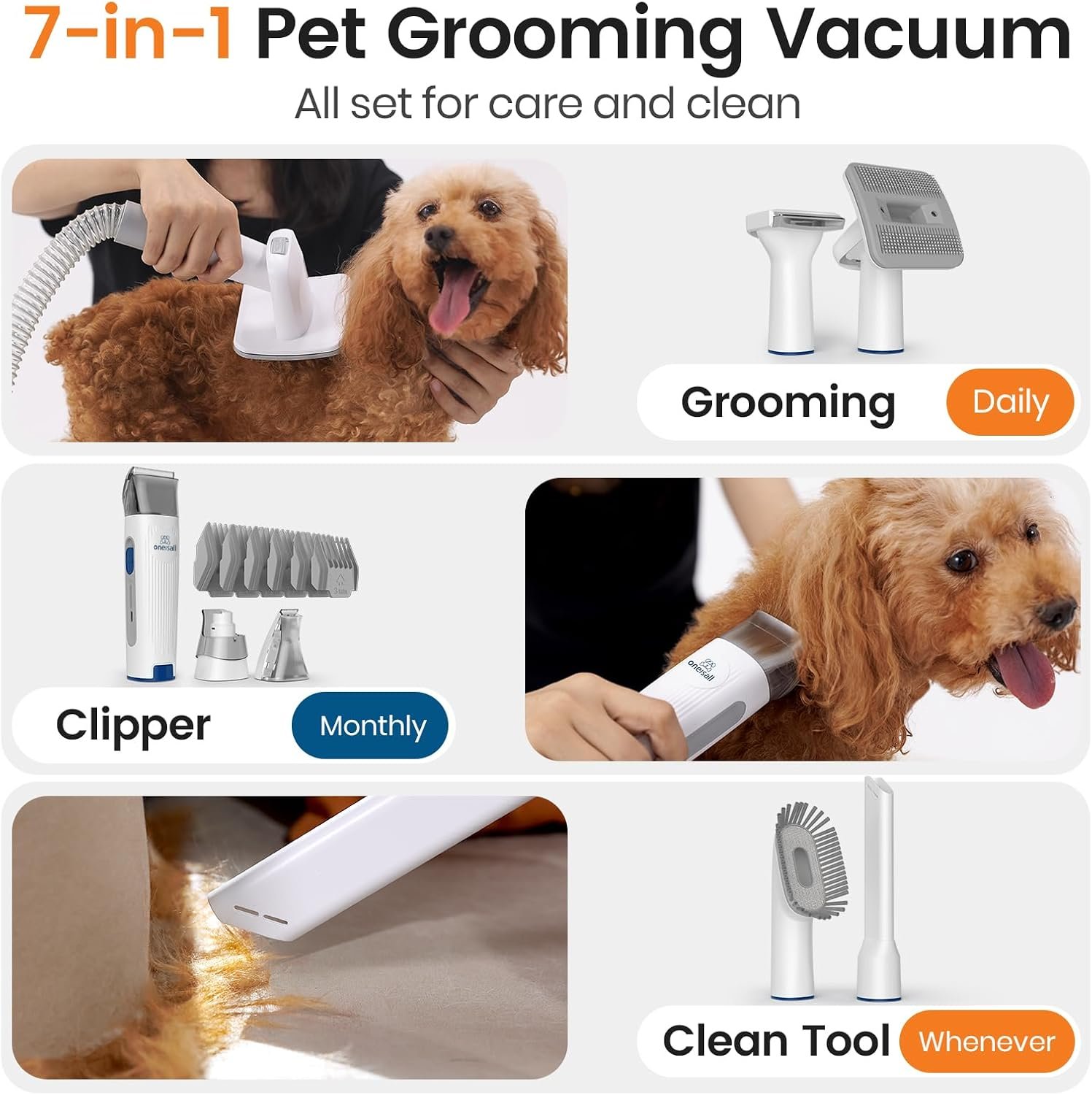 Dog grooming vacuum reviews: oneisall listing image of its grooming brush, clipper and cleaning tools