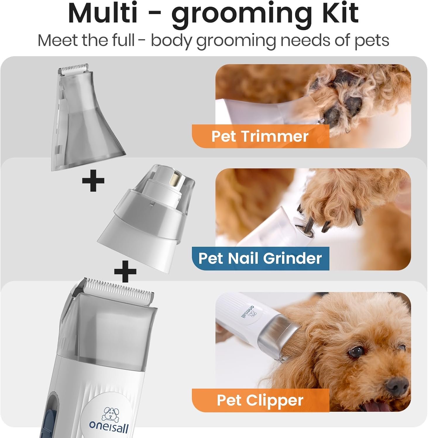 Oneisall dog grooming vacuum review: listing image of the pet trimmer, nail grinder and clipper heads