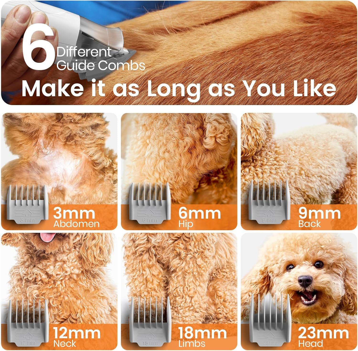Best dog grooming vacuum for doodles: oneisall listing image of its six guide combs on a curly coat