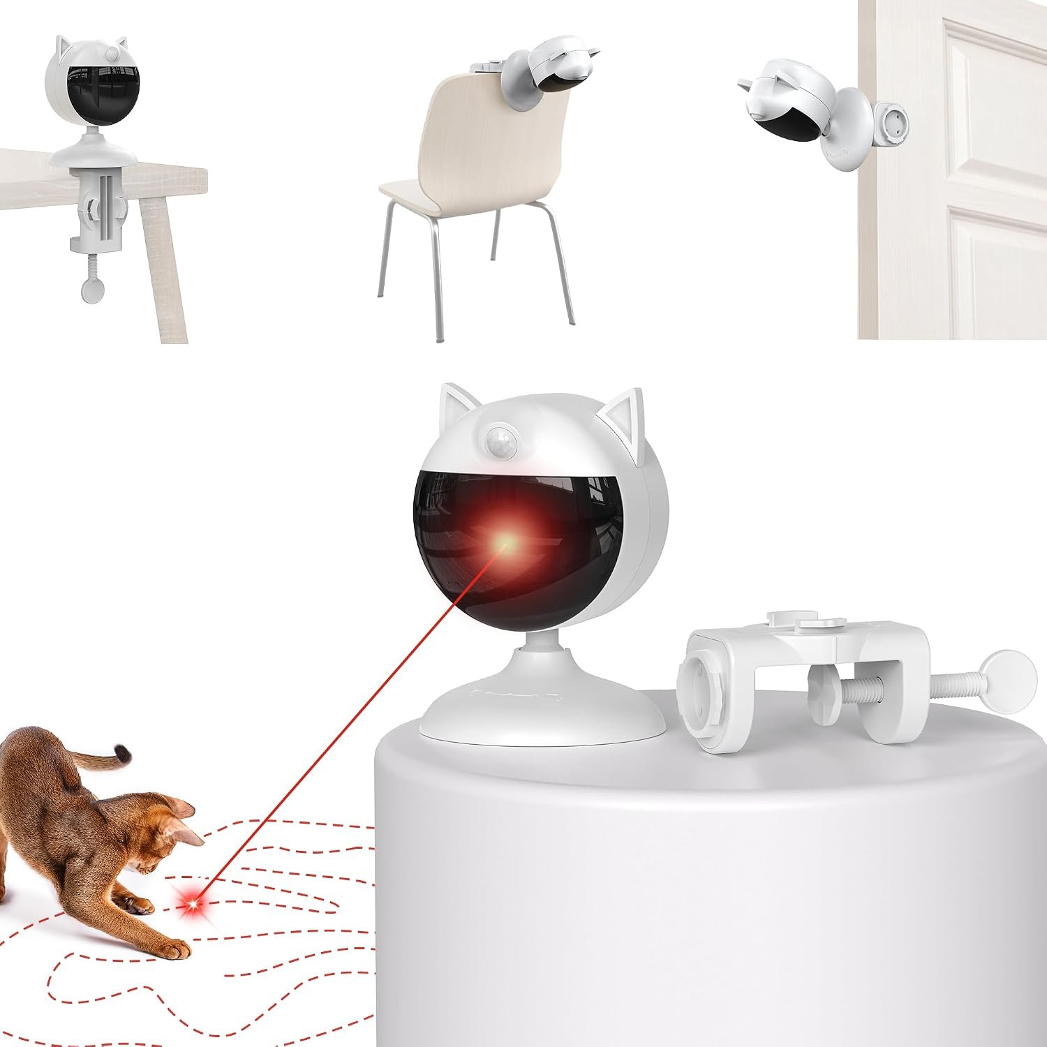 Potaroma laser cat toy review: the cream-white laser with cat ears on its clamp, shining a red dot for a cat, from the listing