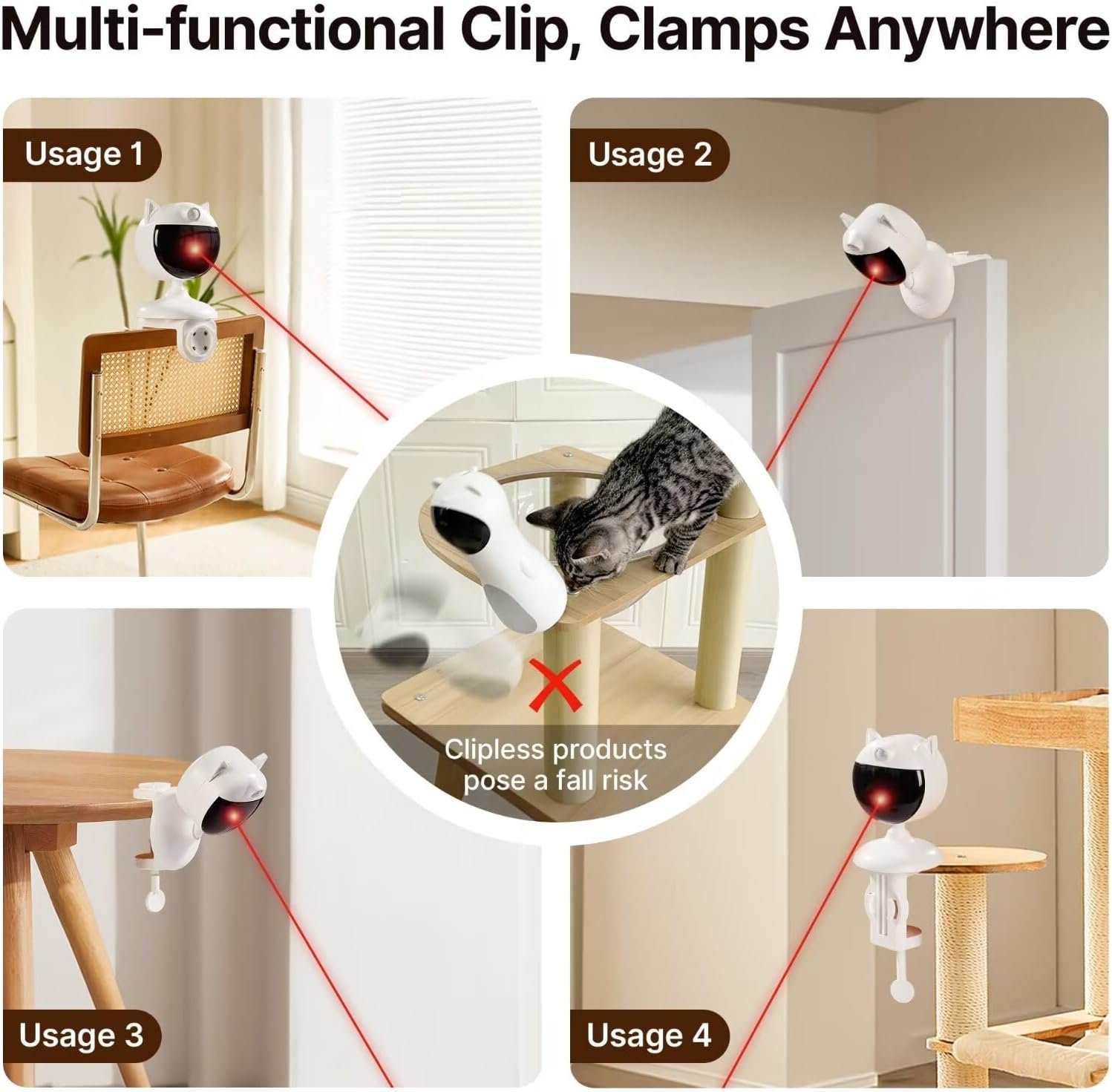 Automatic laser cat toy reviews: Potaroma listing image of its clamp on a chair, a shelf, a cat tree and a table
