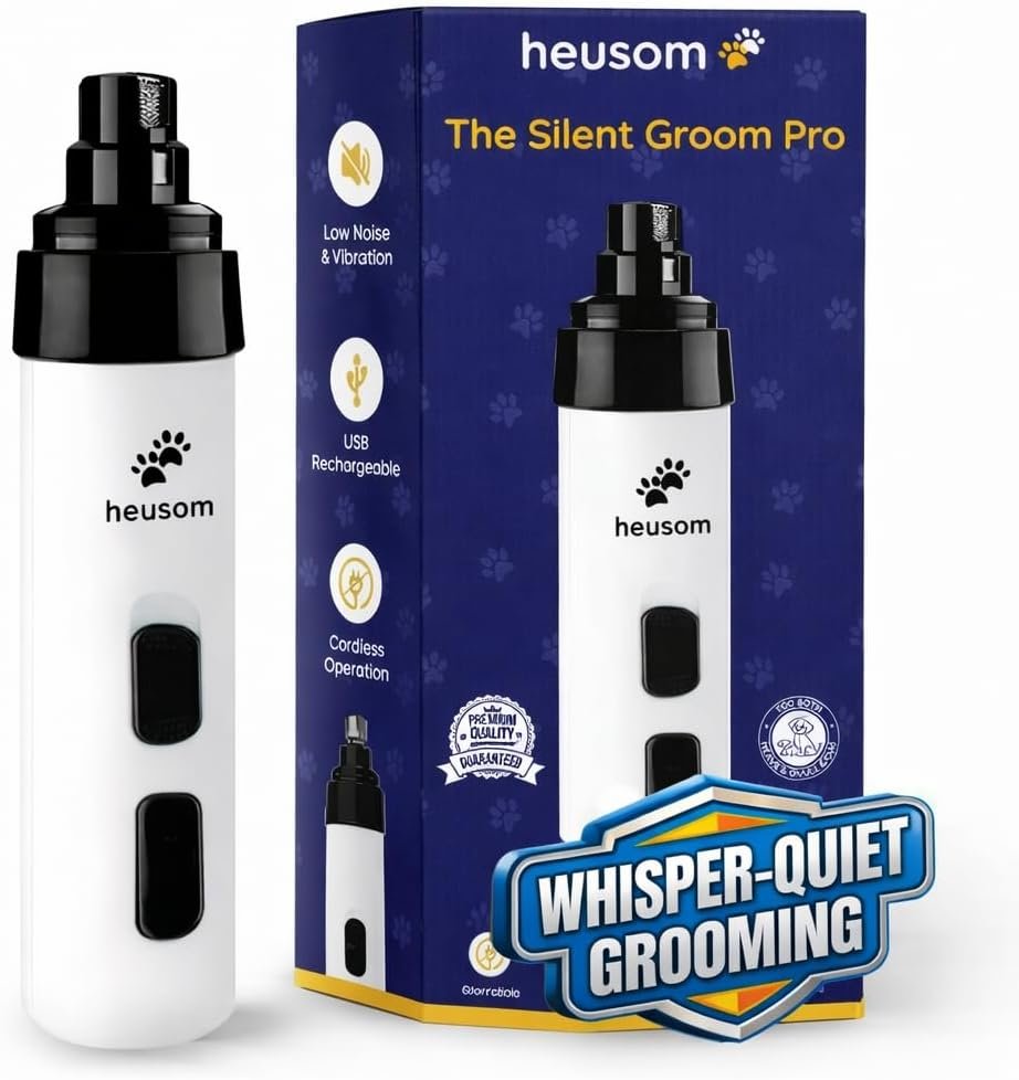 Silent Groom Pro review: the white Heusom grinder with its black guard, next to its box, from the listing
