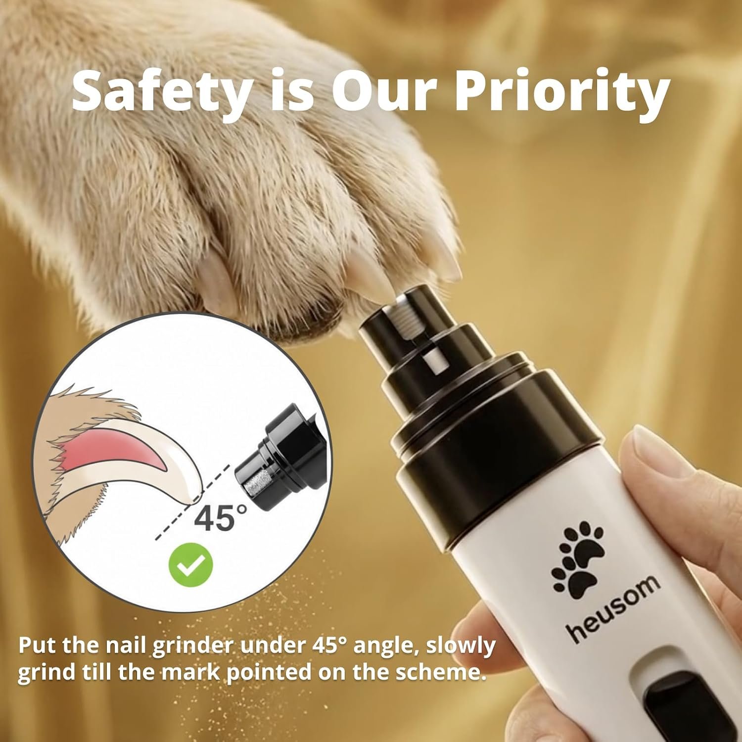 Silent Groom Pro review: listing image showing the grinder held at a 45-degree angle to a dog's nail
