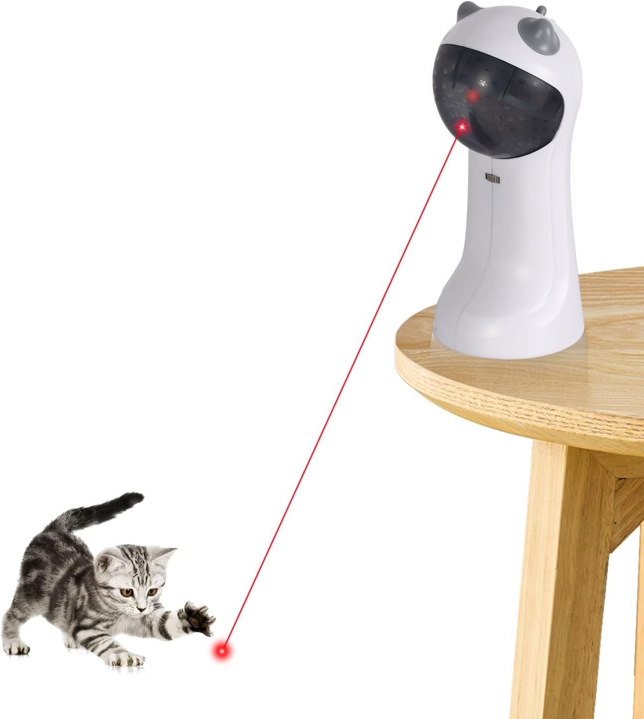 TBTeek cat toy review: the white automatic laser tower on a side table, shining a red dot for a kitten, from the listing