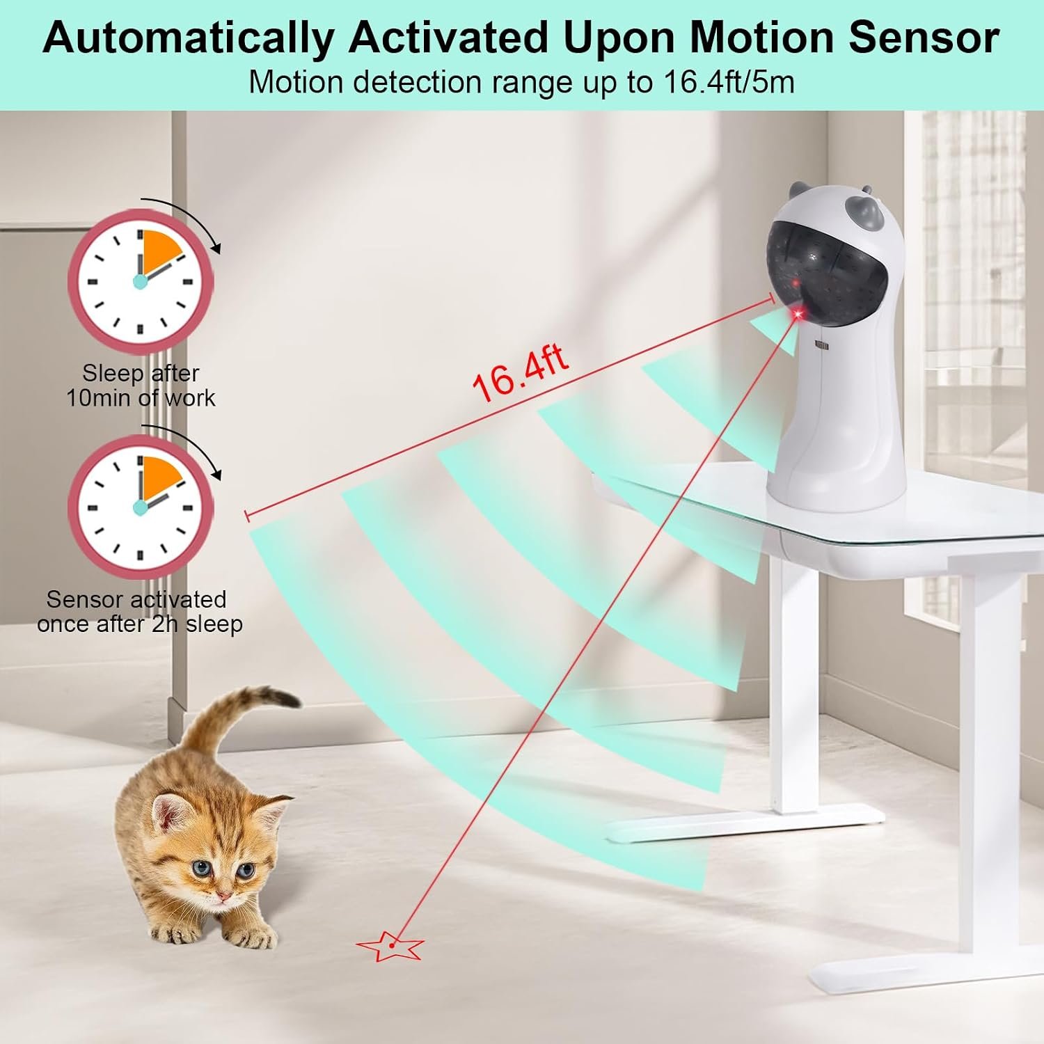 Best automatic laser cat toy for senior cats: TBTeek listing image of 10 minutes of play followed by a two-hour sleep