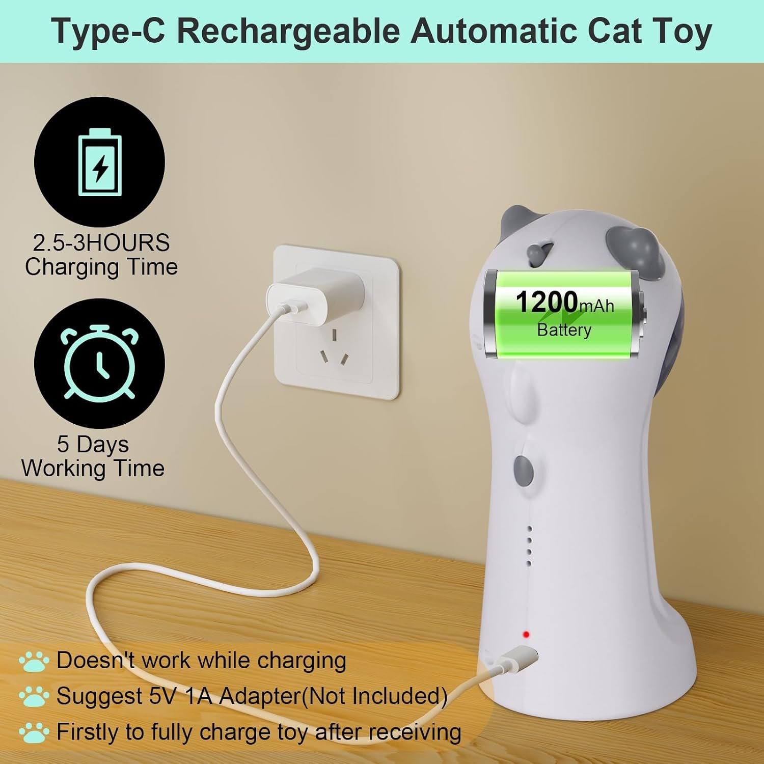 TBTeek cat toy review: listing image of its 1200 mAh battery, USB-C charging and the note that it doesn't work while charging