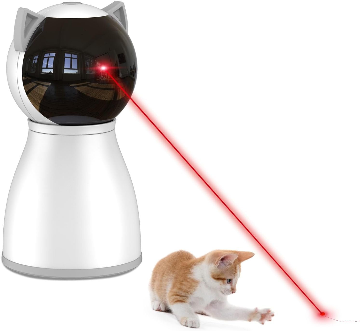 YVE LIFE laser cat toy review: the white laser tower with cat ears, shining a red dot near a kitten, from the listing