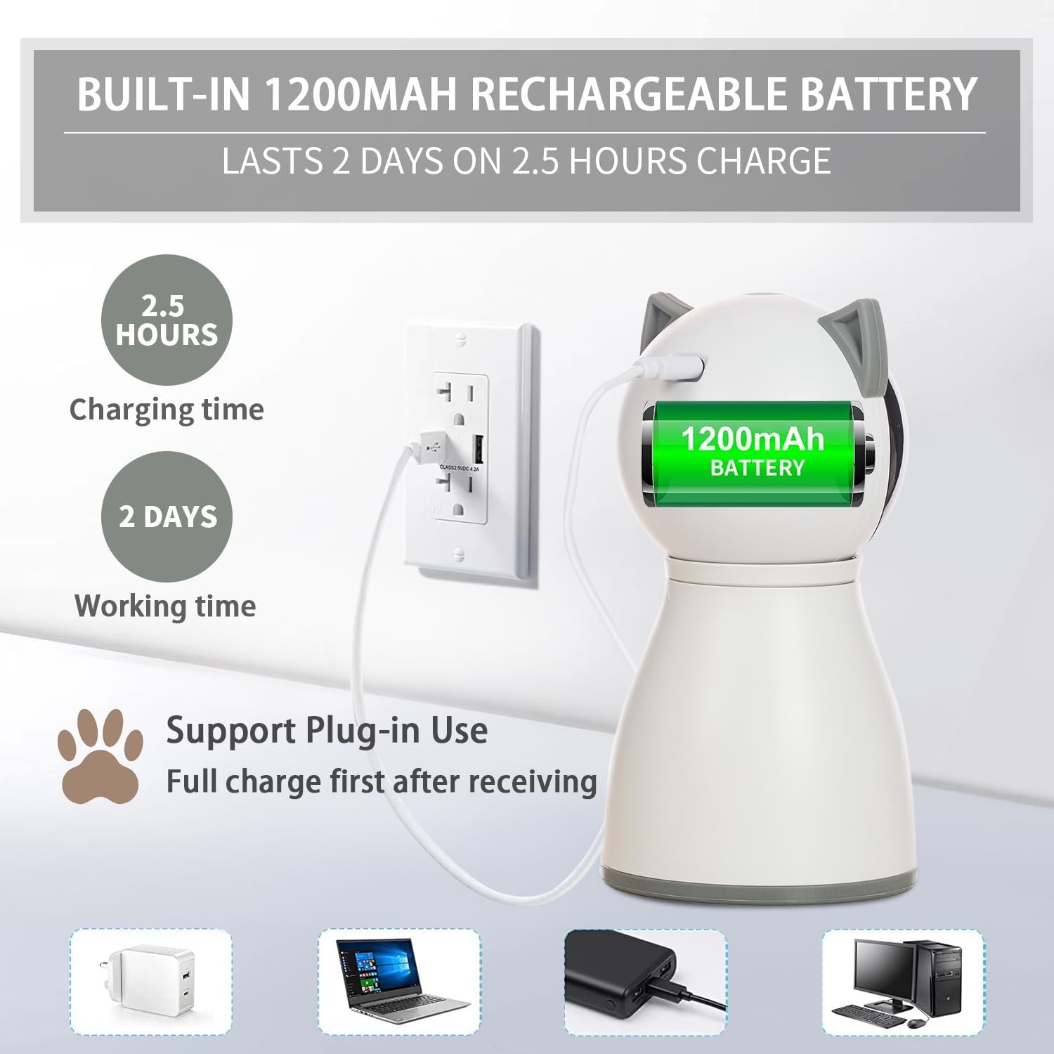YVE LIFE laser cat toy review: listing image of its 1200 mAh battery, 2.5-hour charge and plug-in use
