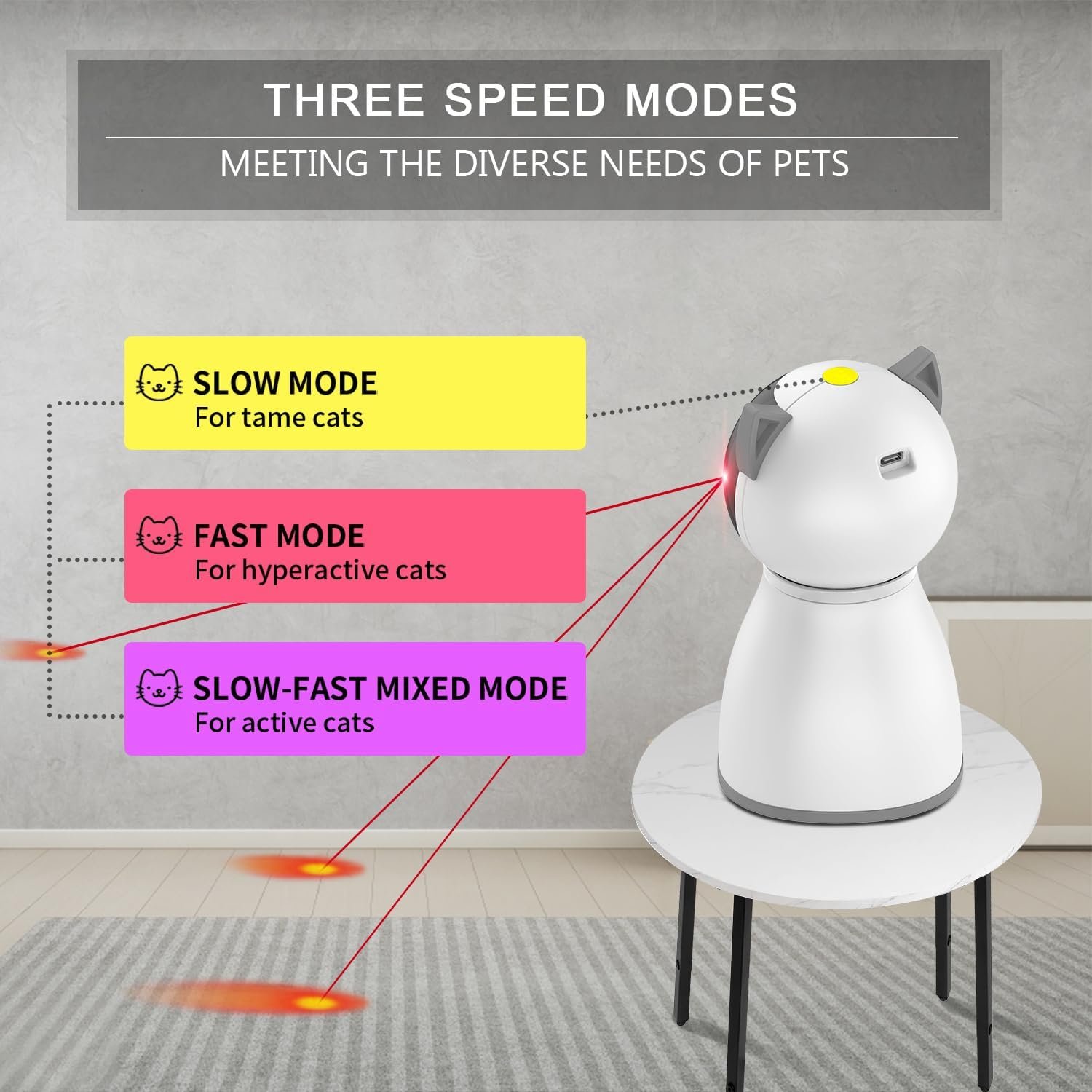 Automatic laser cat toy reviews: YVE LIFE listing image of its three speed modes